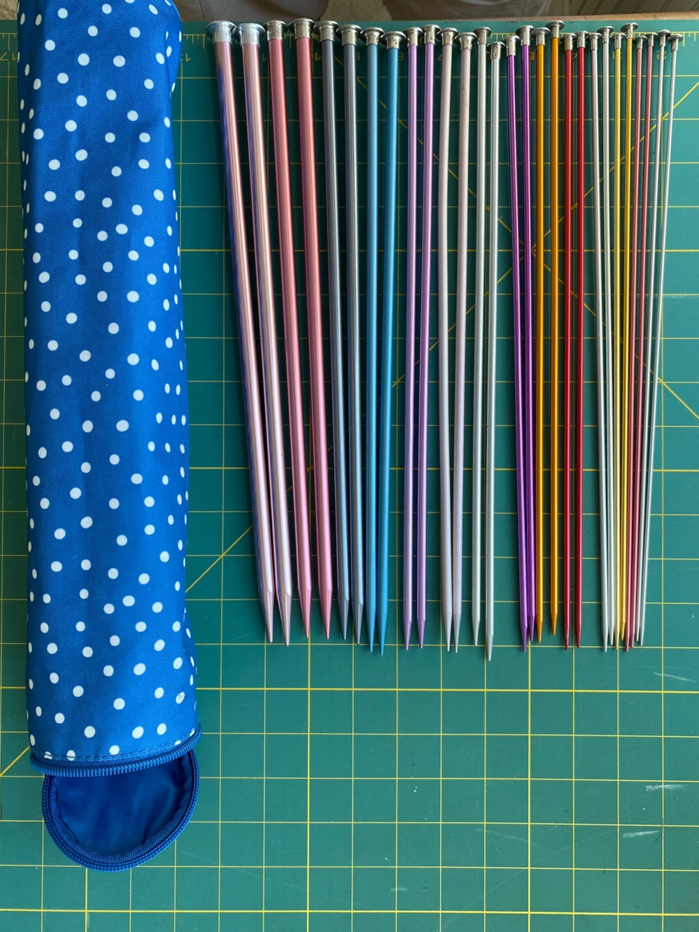 14 Pair Alum. Knitting Needles. 14”Length, in Knitting Needle Case.